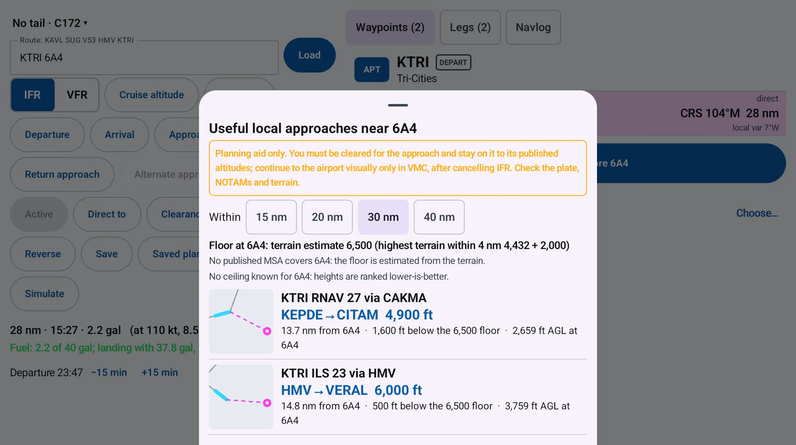 PIC useful local approaches near airport 6A4: a terrain-based floor of 6,500 feet, and two approaches at KTRI that reach 4,900 and 6,000 feet nearby, each with a small route sketch.