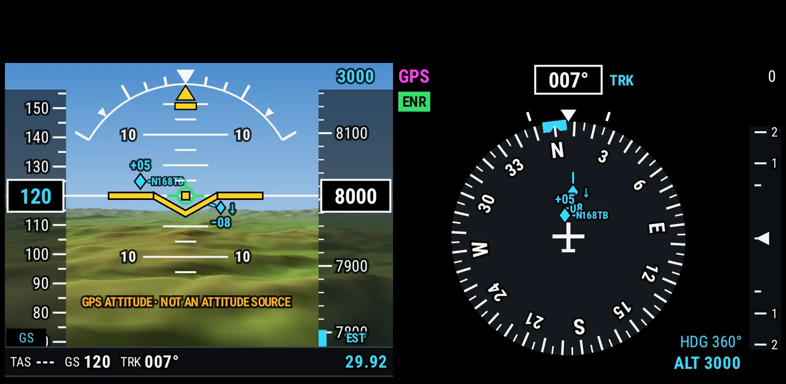 PIC PFD with traffic: TCAS-style symbols for nearby aircraft drawn in perspective on the synthetic vision and on the HSI, with relative altitude tags.