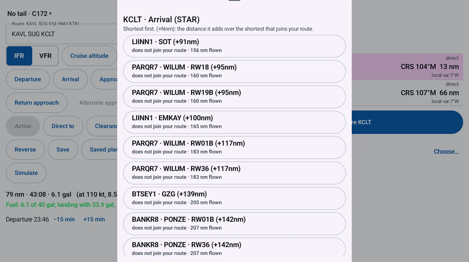 PIC arrival picker for KCLT listing STARs shortest first, each with the extra distance in nautical miles, such as LIINN1 SOT (+91nm) and PARQR7 WILUM RW18 (+95nm).